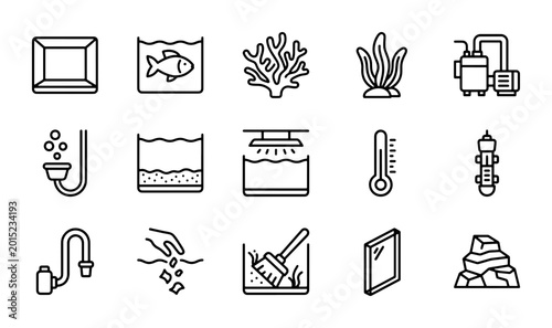 Aquarium Equipment Icons Set: Fish Tank Accessories, Water Filter, Heater, Thermometer, Coral, Plants, Rocks