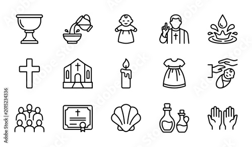 Bild auf Leinwand Baptism Icons Set, Christian Ceremony Symbols, Religious Vector Graphics, Baby C
