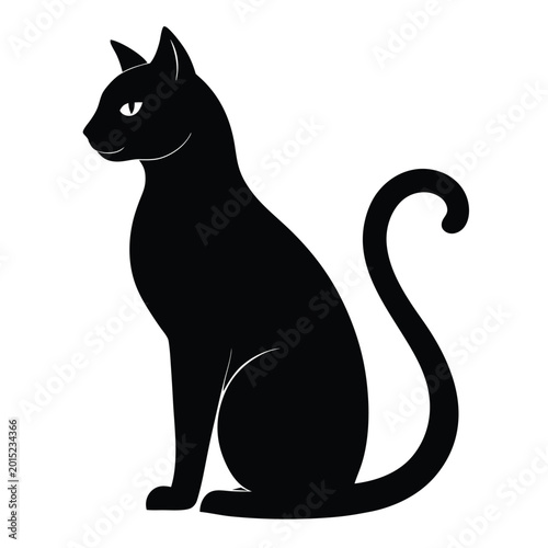 Simple and elegant black cat silhouette sitting gracefully on a white background