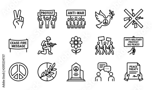 Bild auf Leinwand Peace and Protest Icons: Anti-War, Diplomacy, and Social Justice Symbols