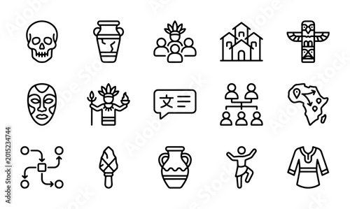 Canvastavla African Culture Icons Set: Tribal Mask, Totem, Map, People, Building, Skull, Art