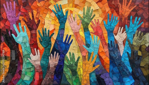 Colorful mosaic of raised hands reaching toward a radiant sunburst, evoking unity, hope, celebration and communal uplift
