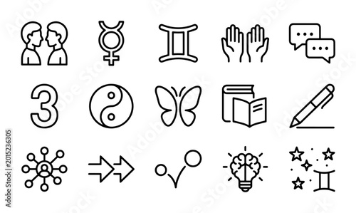 Quadro su tela Astrology Zodiac Symbols, Gemini, Yin Yang, Butterfly, Brainstorming Icons Set