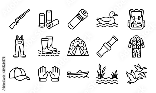 Bild auf Leinwand Hunting Icons Set: Duck, Shotgun, Boat, Camouflage Gear, Outdoor Adventure Vecto
