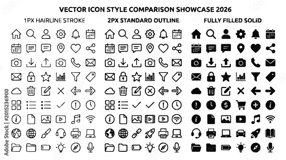 Obraz premium Vector icon style comparison showcasing stroke outline solid and fully filled designs in 2026 collection