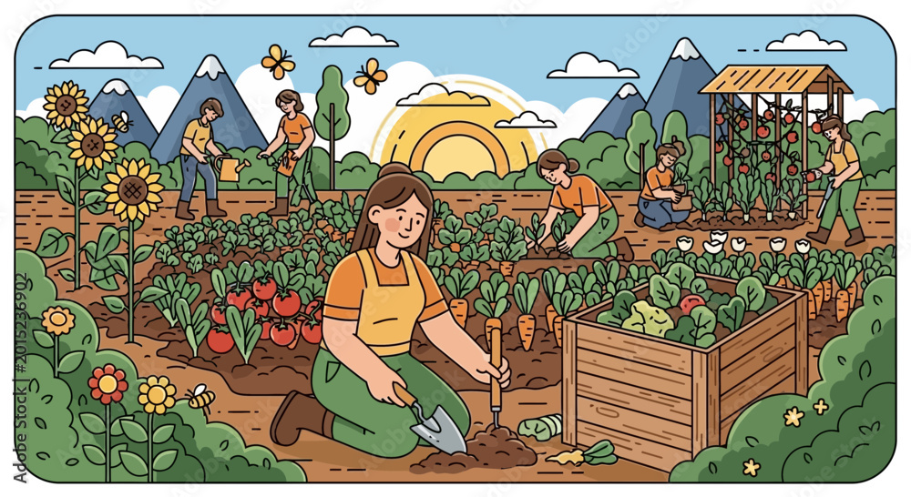 Fototapeta premium People gardening in community vegetable garden with mountains