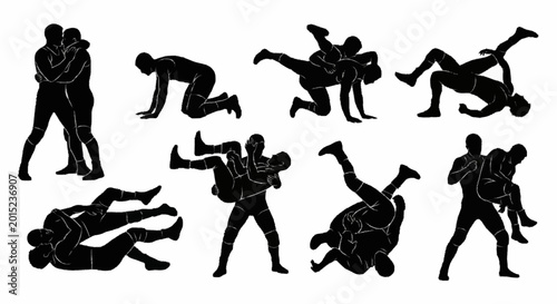 Bild auf Leinwand Collection of eight black silhouettes showing male wrestlers in various poses including freestyle wrestling takedowns, throws, lifts, and ground grappling maneuvers on white background