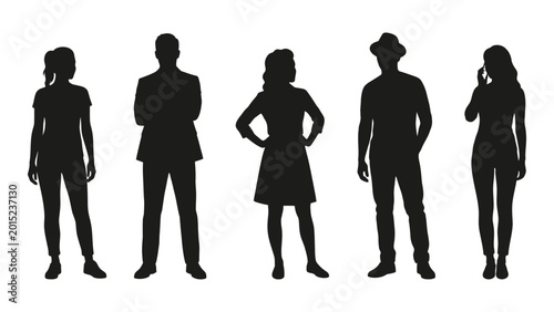 Group of five people in various poses black silhouette on a white background high quality professional detailed modern elegant