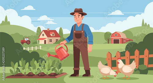 Farmer watering plants in rural landscape with chickens
