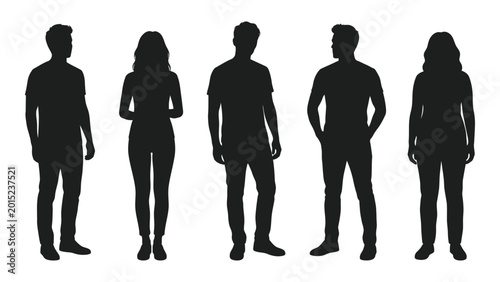 Tableau sur toile Five people standing full body in black silhouette high quality professional det