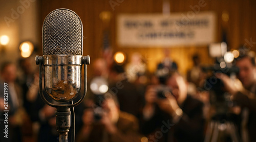 Vintage chrome press conference microphone dissolving into bokeh of a newsroom
