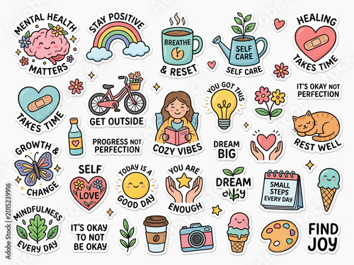Colorful motivational stickers for mental health.