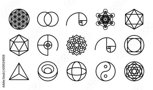 Photos Sacred Geometry Icons Set, Metatron's Cube, Flower of Life, Golden Ratio, Yin Ya