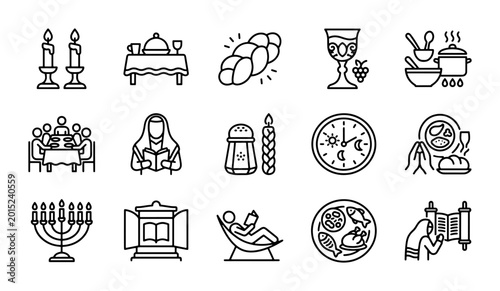 Foto Jewish Holiday Icons Set, Shabbat Dinner, Torah Scroll, Menorah, Kiddush Cup, Ch