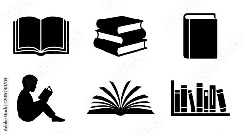 Schilderij op canvas Book Icons Set, Reading Silhouette, Stacked Books, Open Book, Bookshelf Vector G