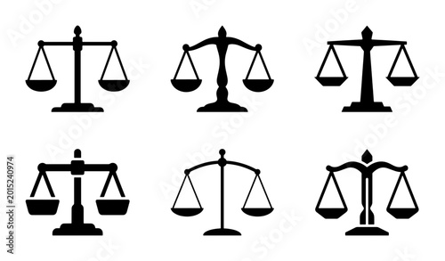 Fotografía Scales of Justice Icons, Balance Symbol Vector Set, Legal Court Weighing Equipme