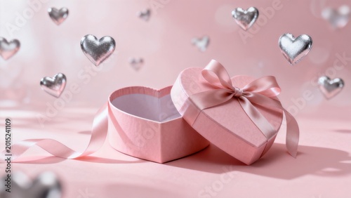 Pink heartshaped gift box with silver hearts