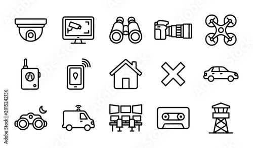 Konstfotografi Security Icons Set: Surveillance, Monitoring, Drone, Binoculars, Camera, Home Pr