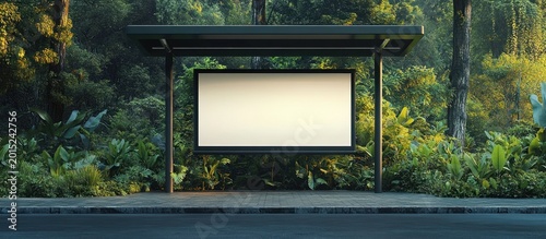 Empty modern bus shelter with blank advertising board beside a quiet road surrounded by lush green forest in peaceful morning light
