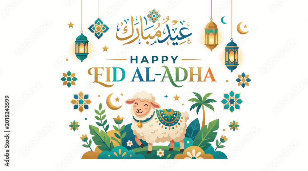 Fototapeta premium A vibrant illustration celebrating Happy Eid Al-Adha with a cute sheep, Islamic lanterns, crescent moons, and decorative patterns.
