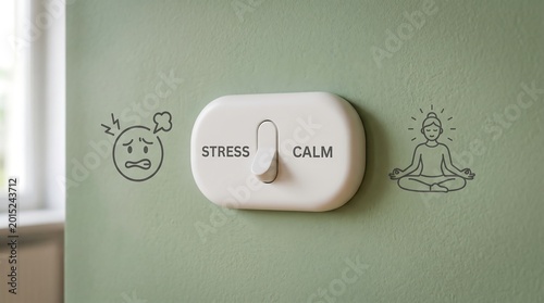 Modern rounded switch on muted green wall with stress and calm illustrations for mental wellness