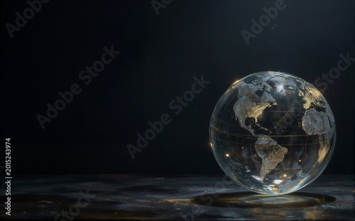 Glowing globe rests on dark surface illuminated by subtle golden