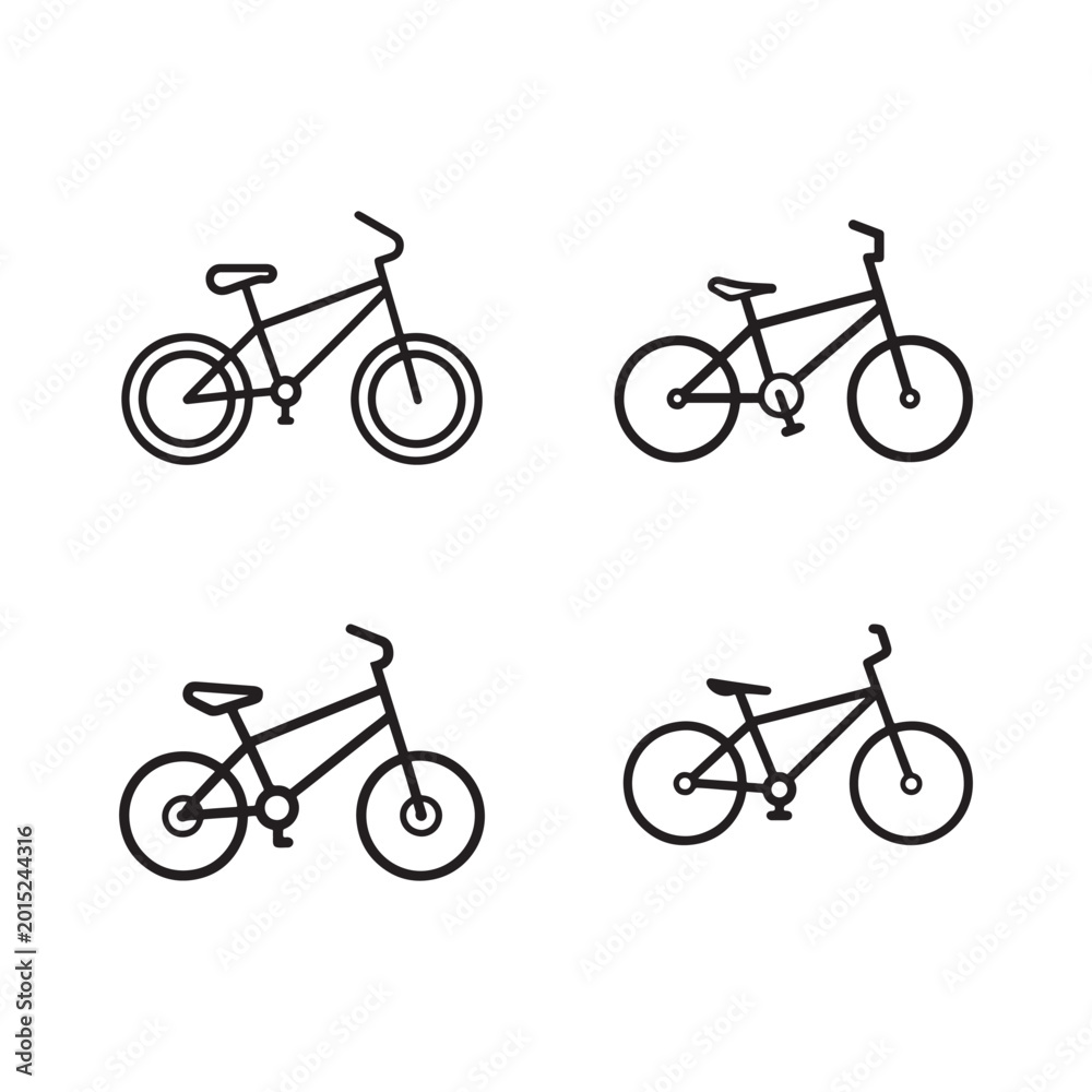 Obraz premium Four black line art bicycle icons in different angles simple bike illustrations