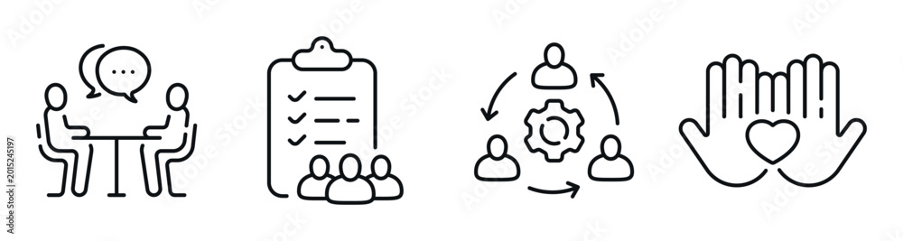 Fototapeta premium Team collaboration icons showing meetings checklist and care. Editable stroke