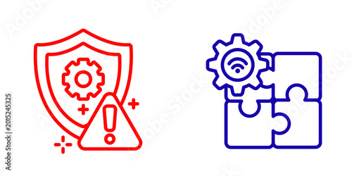 Foto Red shield with gear and alert, blue puzzle with gear and wifi isolated on trans