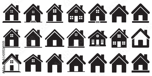 Real estate house icon set featuring solid black silhouettes of various residential building designs