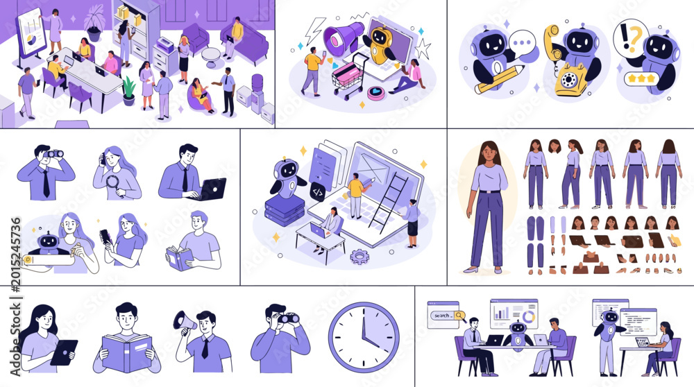 Fototapeta premium Diverse Business Professionals Character Set in Modern Corporate Office Environment Communicating with Digital Laptop Smartphone Devices Isometric Vector Illustration Collection Isolated on White
