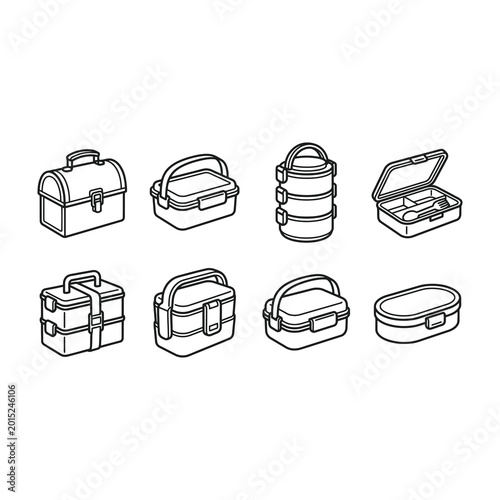 Lunch boxes and containers in various styles and positions