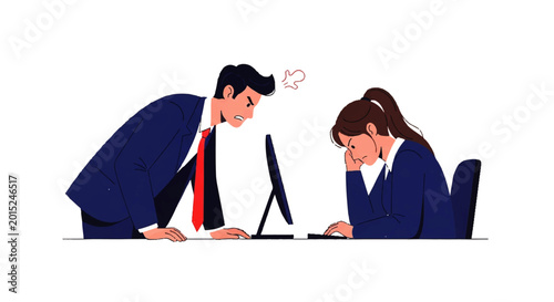 Photos Vector flat design illustration of an angry boss confronting a stressed employee