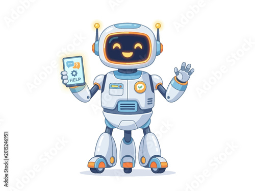 Foto Smiling robot holding a smartphone device.
