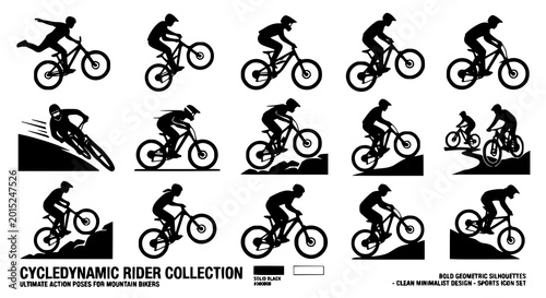 Foto Black cycling silhouette icon set with mountain bike riders and extreme sports v
