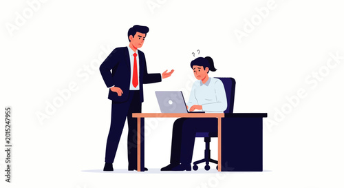 Εκτύπωση καμβά Vector flat design illustration of a frustrated employee working on a laptop whi