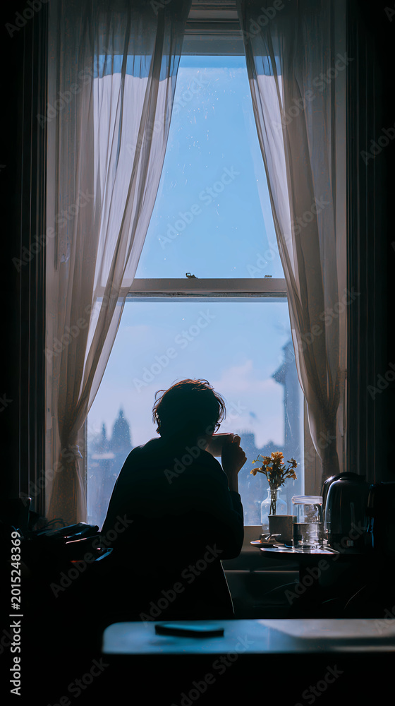 Obraz premium A person drinking tea and looking out the window with a phone left on the other side of the room, Generative AI illustrations.