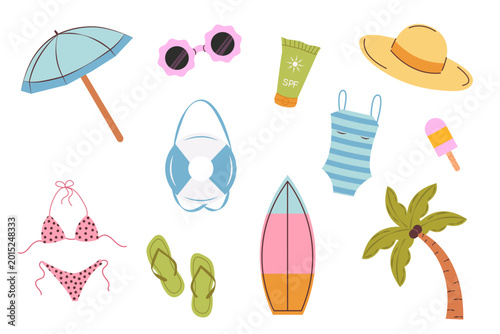 Set of elements for beach vacation. Concept of vacation on the seashore. Hand drawn vector illustration.
