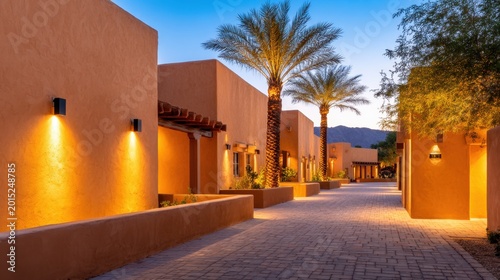Serene pathway bordered by warm-hued buildings and swaying palm trees at dusk