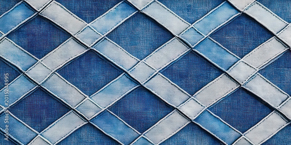 Fototapeta premium stitched blue and white woven lattice fabric with diamond pattern and textured denim look conveying a calm orderly geometric feel