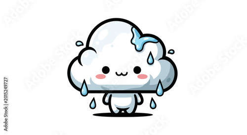 Slika na platnu Cute kawaii cloud character raining and sweating, isolated on white background