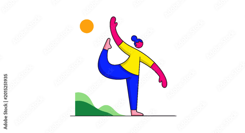 Fototapeta premium Modern Flat Illustration of a Person Practicing Yoga Outdoors with a Stylized Sun and Hills