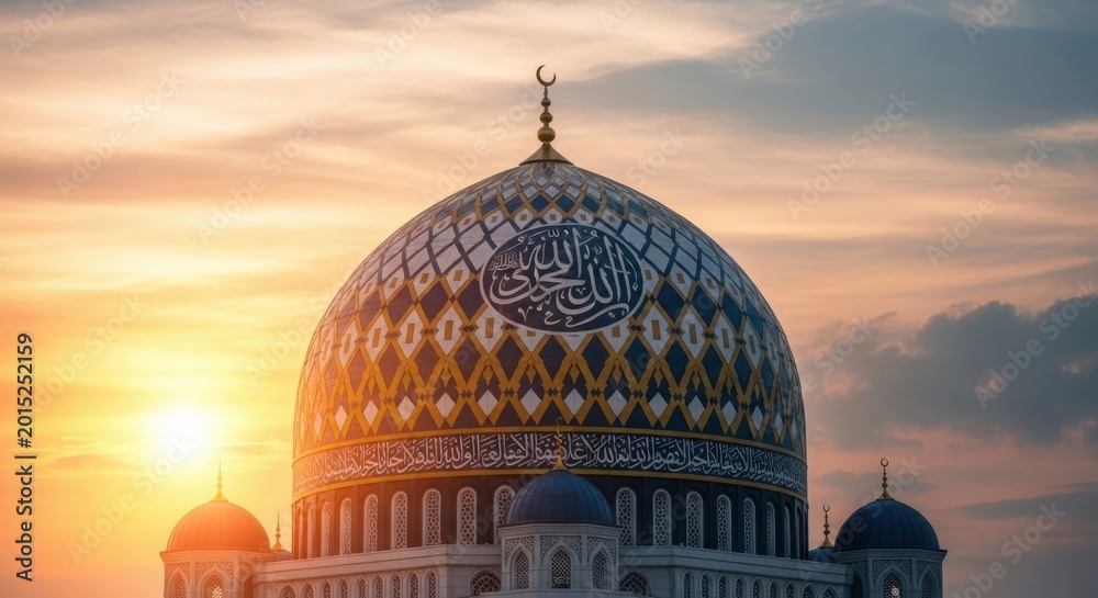 Obraz premium Mosque dome with crescent moon and arabic calligraphy at sunset