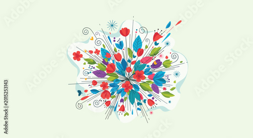 Artistic burst of colorful flowers and leaves radiating from a center point in a vibrant and modern graphic style.