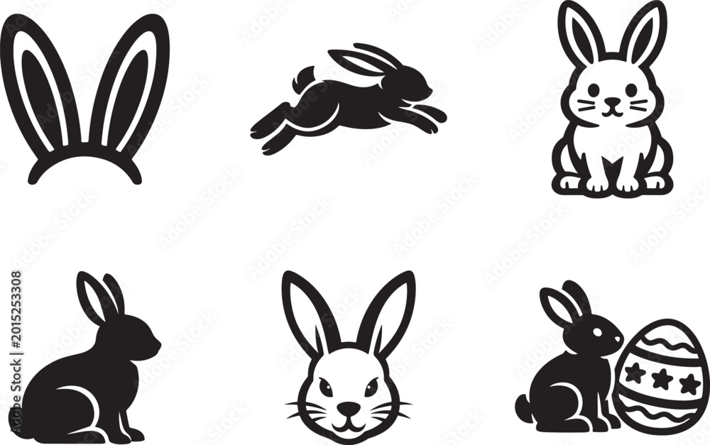 Obraz premium Linear Easter bunny outline icon set with cute rabbit vector illustrations on white background.