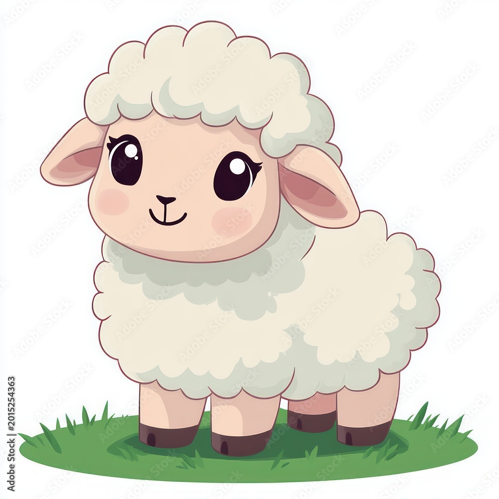 Obraz premium adorable fluffy white lamb with big sparkling eyes standing on a patch of green grass, smiling and cheerful