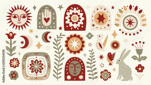 Canvastavla Bohemian floral and celestial collection vector illustration with sun moon flowe