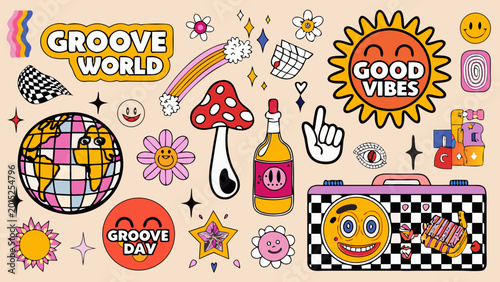 Photography vibrant retro style illustration featuring groovy elements psychedelic shapes an