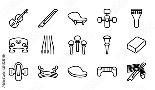 Foto Violin Accessories Icons, String Instrument Parts, Music Equipment Vector Set