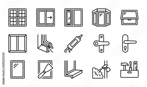 Window and Door Hardware Icons: Installation, Repair, and Components Set